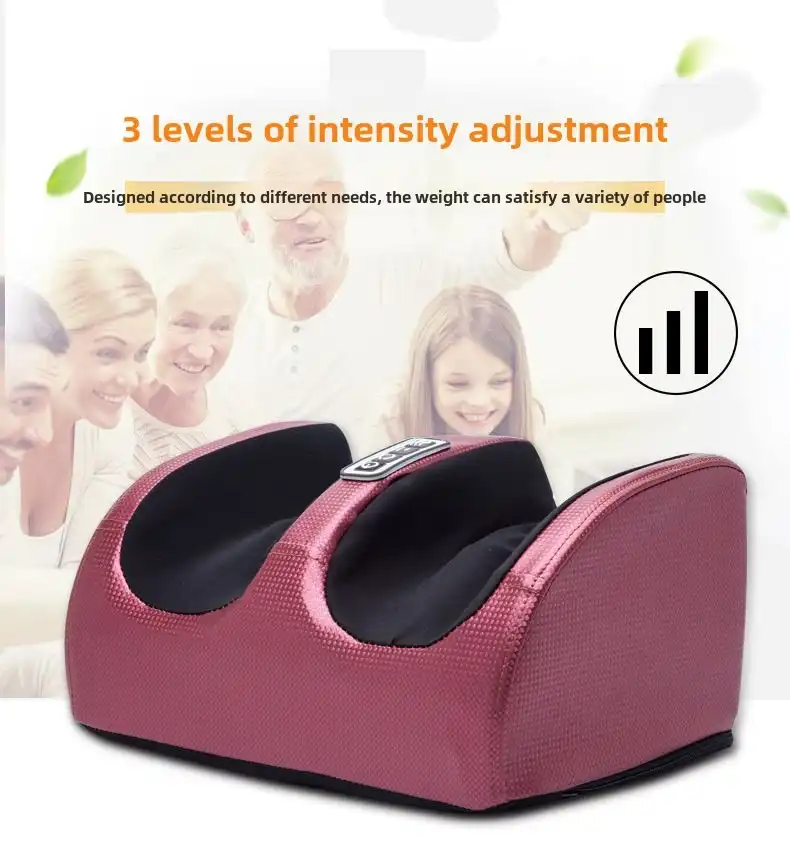 Black red calf massager, shown with user’s feet..