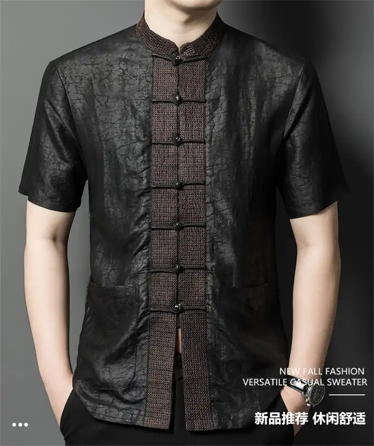 Cultural event styling with Tang costume shirt paired with traditional accessories.