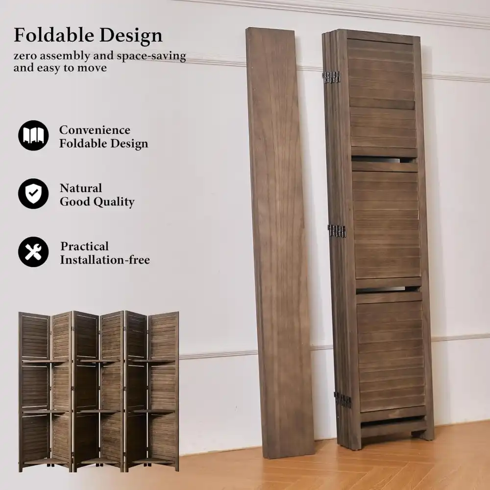 Foldable Chinese wooden room separator showing double hinge system and compact storage design.