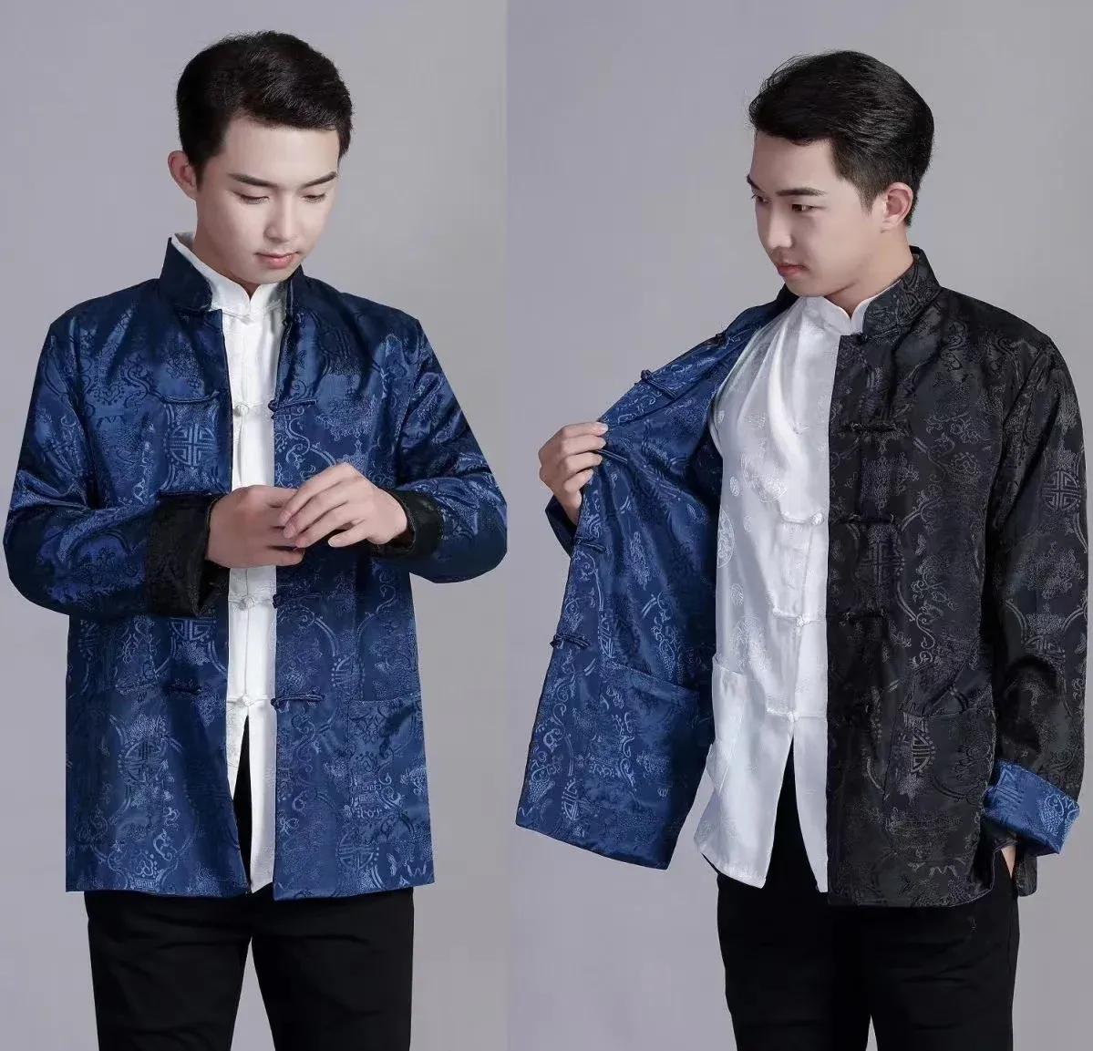 Traditional Chinese Tang suit jacket for men in classic style with mandarin collar on white background.