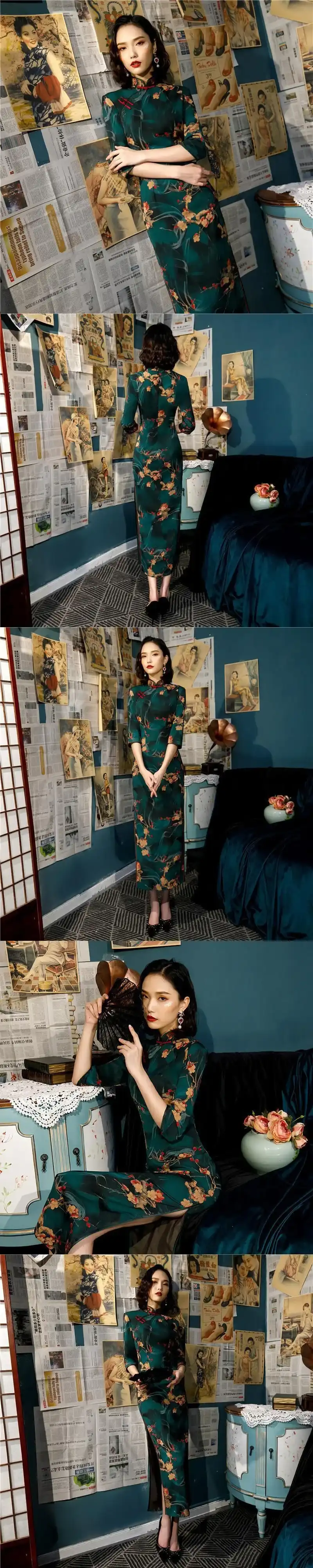 Model wearing green slim fit cheongsam showing temperament commuting style for young girls.