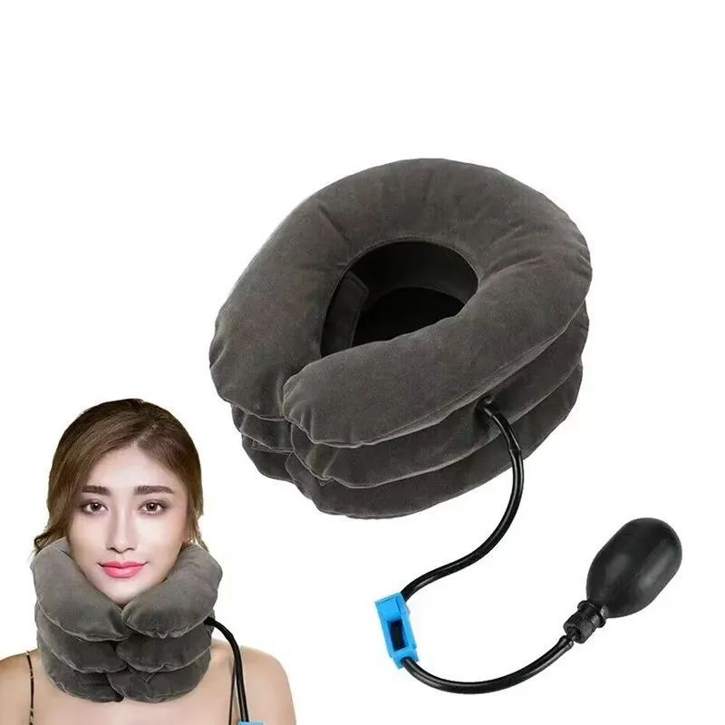 Compact portable cervical traction device showing travel-friendly size and storage convenience.