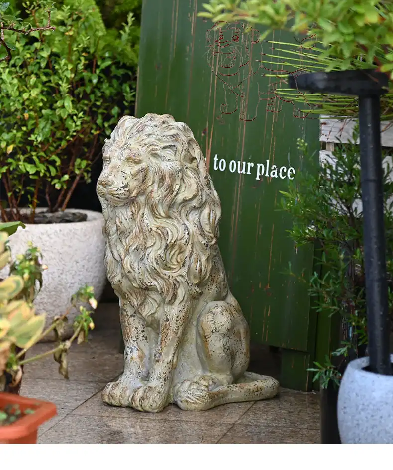 Garden lion statue weatherproof construction displaying durability for outdoor use.