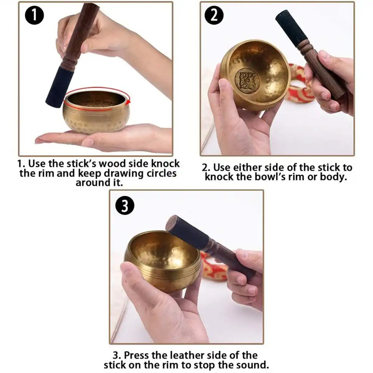 Meditation setup with singing bowl creating peaceful atmosphere in home yoga practice space.