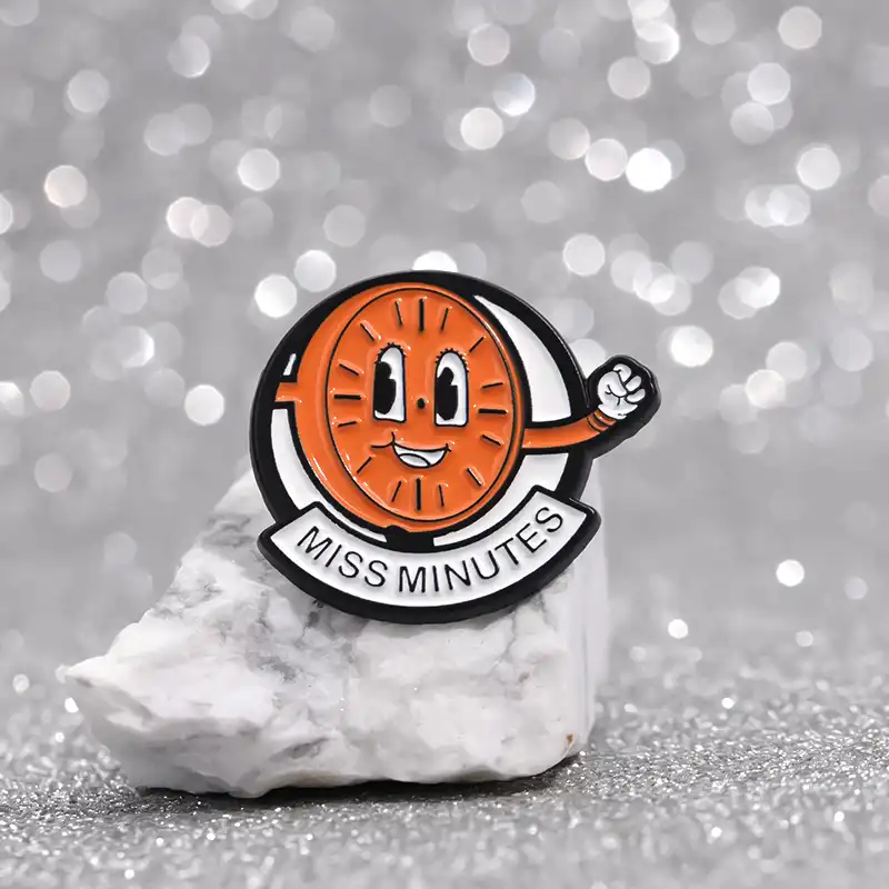 Anime enamel pin with cute monk design, styled on hat..