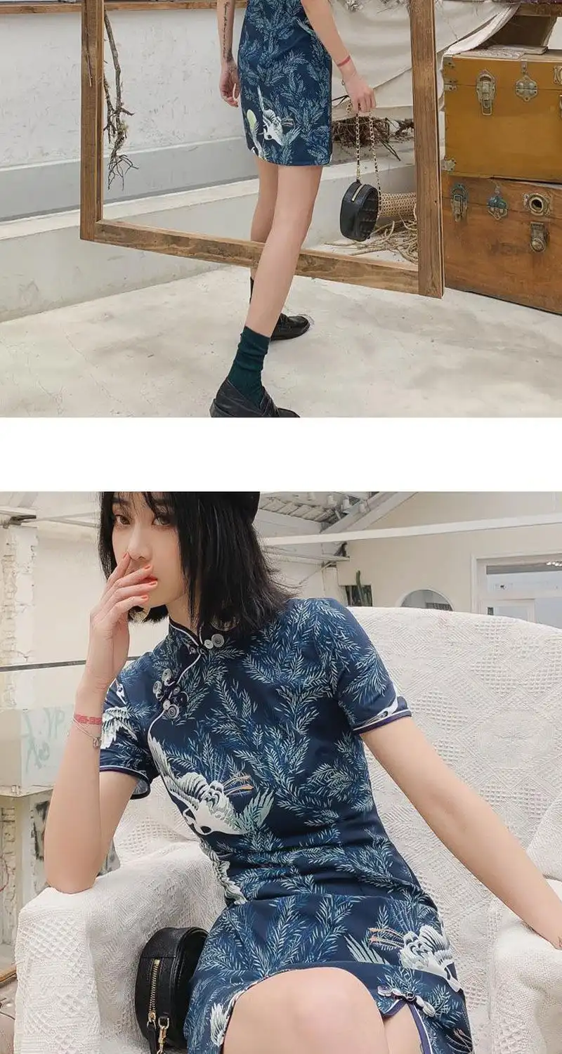 Side profile of A-line qipao highlighting flattering silhouette and crane print details.