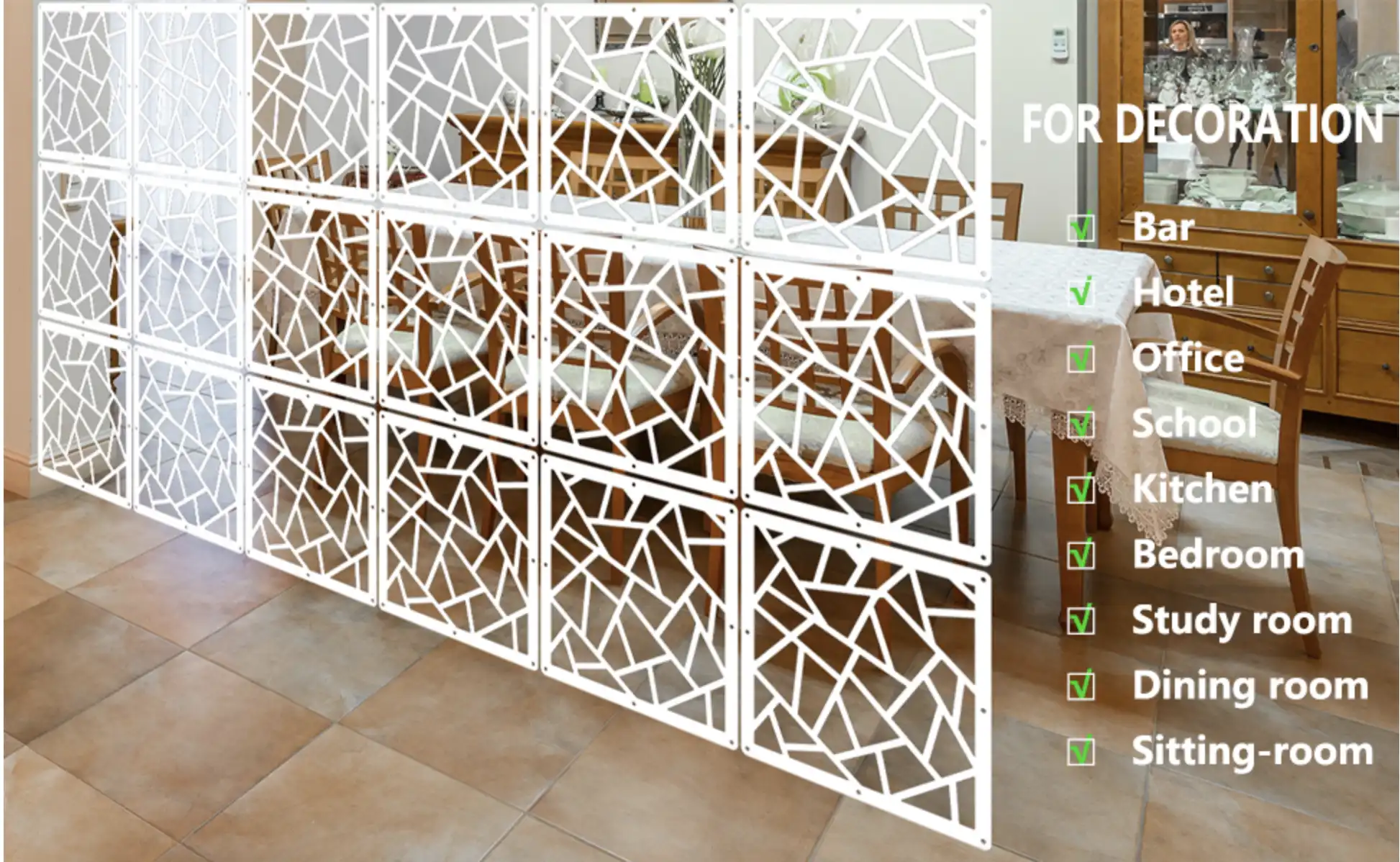 Close-up view of wooden screen panel showing detailed carved design and mounting hardware installation.