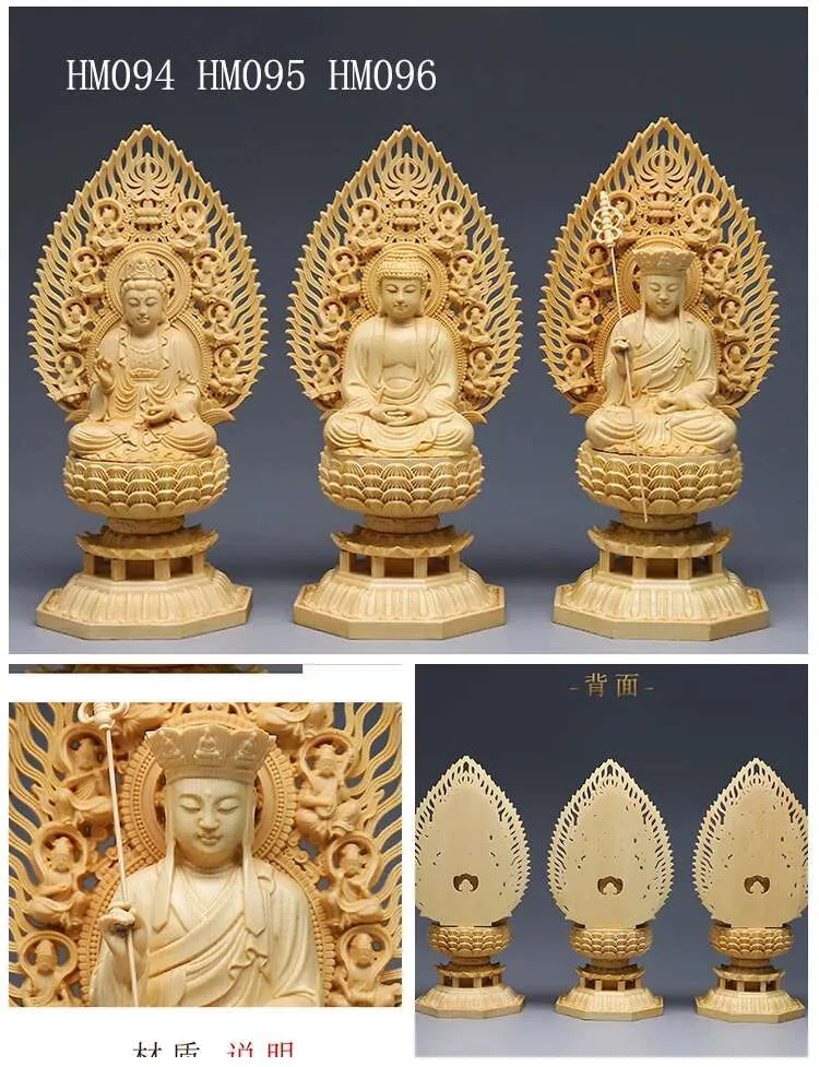 Natural wood color variations in Buddha statue showing authentic material characteristics.
