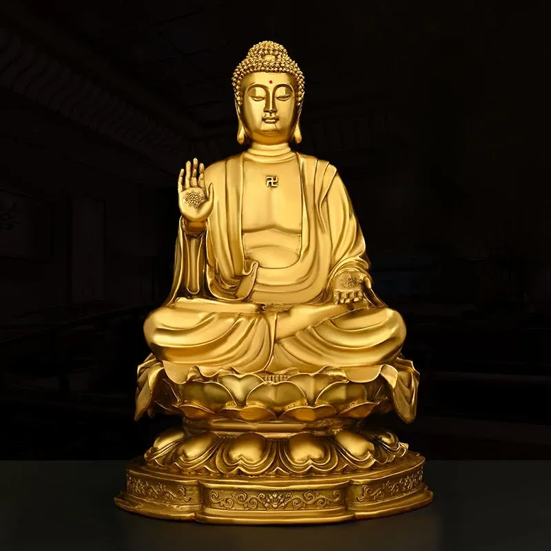 Buddha statue positioned in bedroom on nightstand creating peaceful sleeping environment.