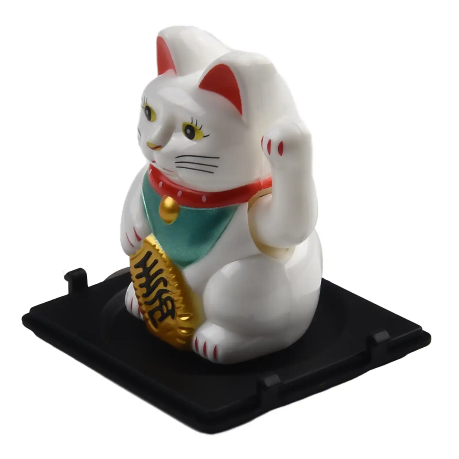 Lucky cat ornament working silently without noise or vibration disturbance.