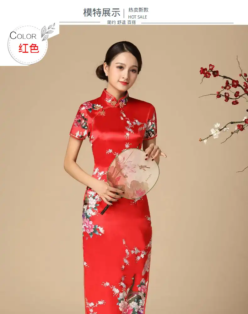 Model in Chinese cheongsam dress demonstrating plus size fit and comfort in 4XL 5XL 6XL sizing.