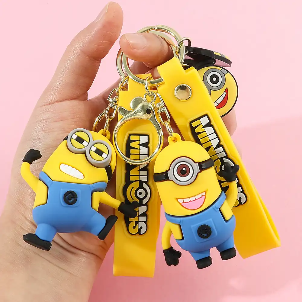 Side profile of Minions keychain showing 3D dimensional design and premium silicone material.