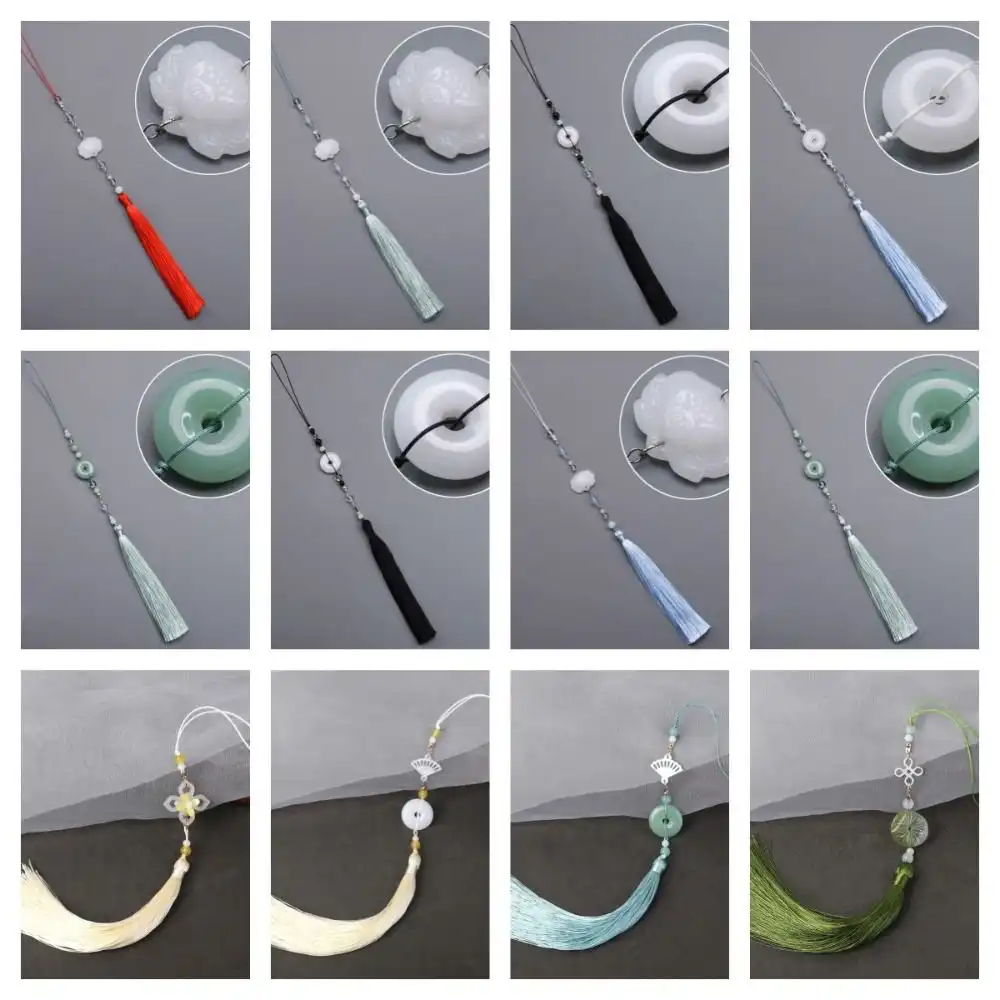 Multiple angle view of jade lotus tassel pendant showing classical Chinese design.