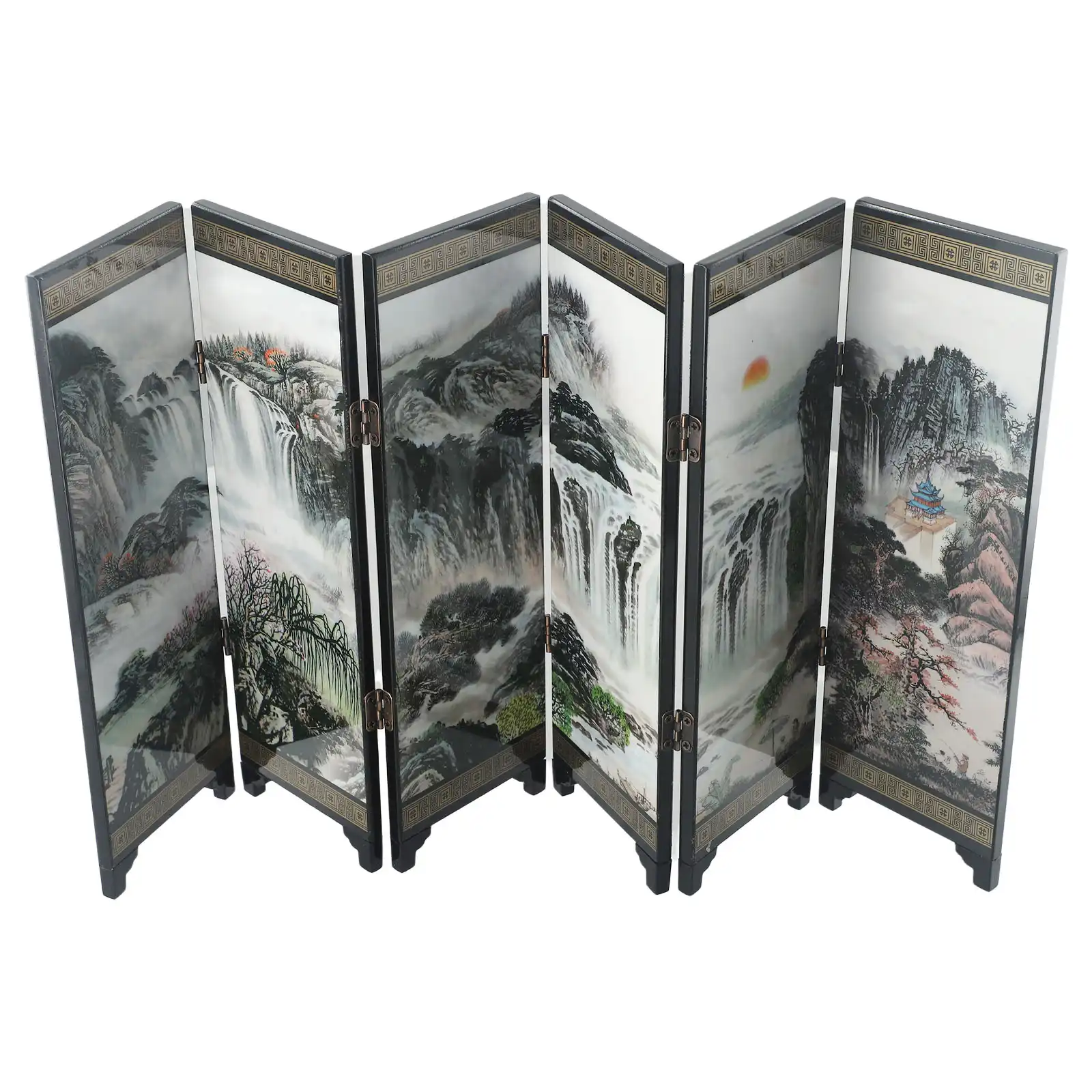 Fully opened six-panel Chinese screen showing complete traditional landscape scene artwork.