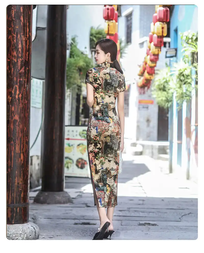 Size chart and measurement guide for long cheongsam dress M to 5XL sizing.