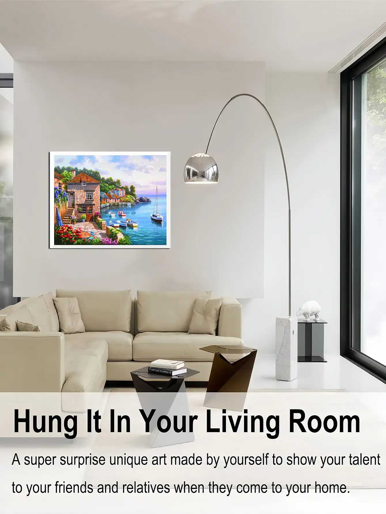 Wall mounting hardware and color reference guide included with paint by numbers landscape kit.