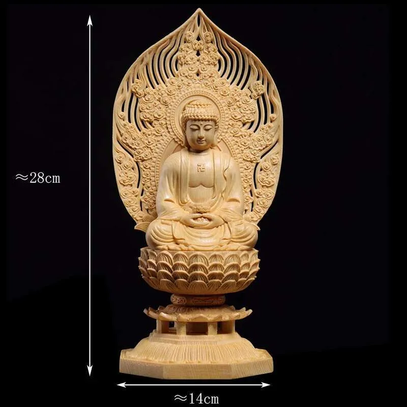 Handcrafted details of wooden Buddha statue showing traditional carving techniques.