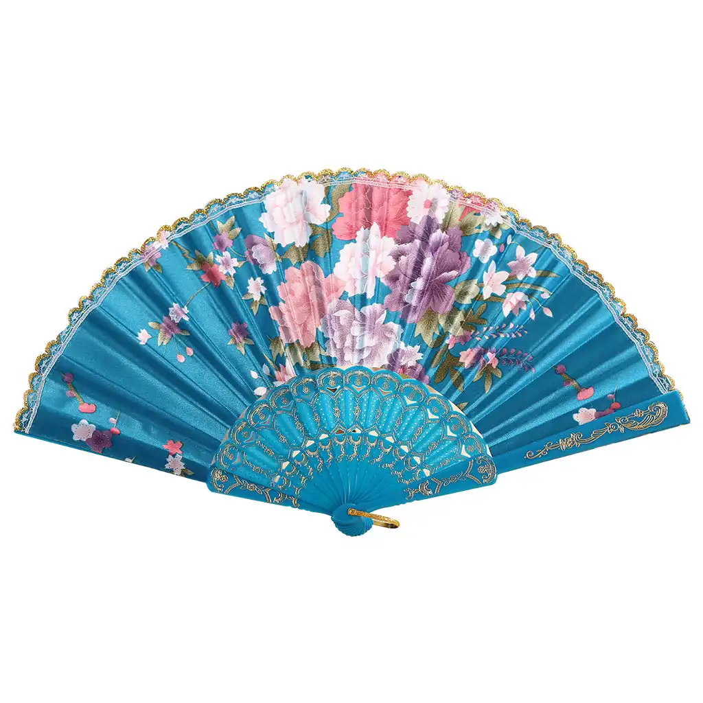 Multiple Japanese folding fans arranged in artistic display showcasing various traditional patterns.