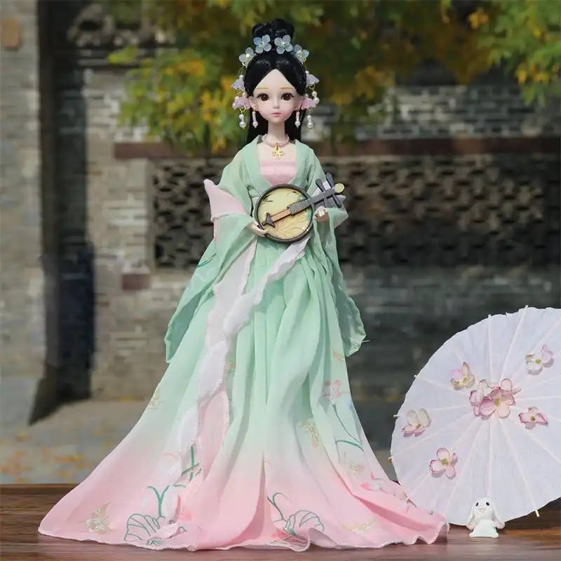 Close up of doll headwear accessories and traditional Chinese princess hairstyle with decorations.