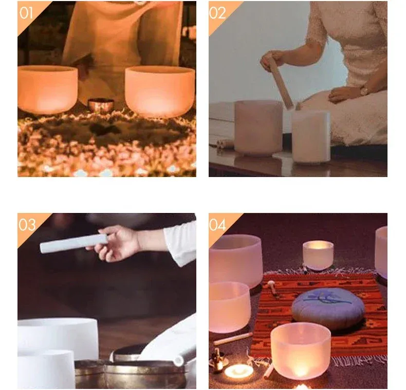 Crystal singing bowl creating sound waves and vibrations for healing meditation practice.
