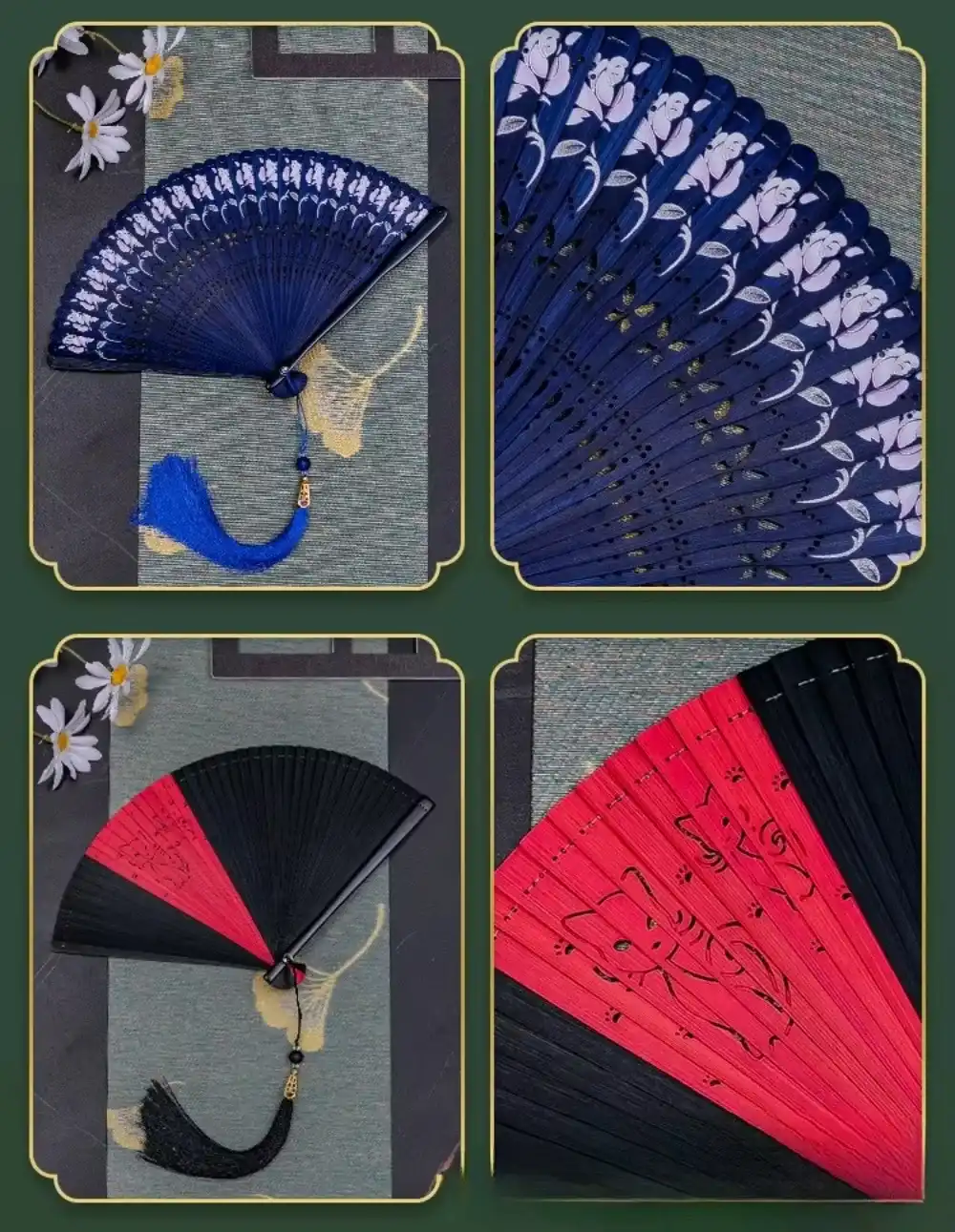 Size comparison showing 18cm and 21cm handle options for portable bamboo folding fans.