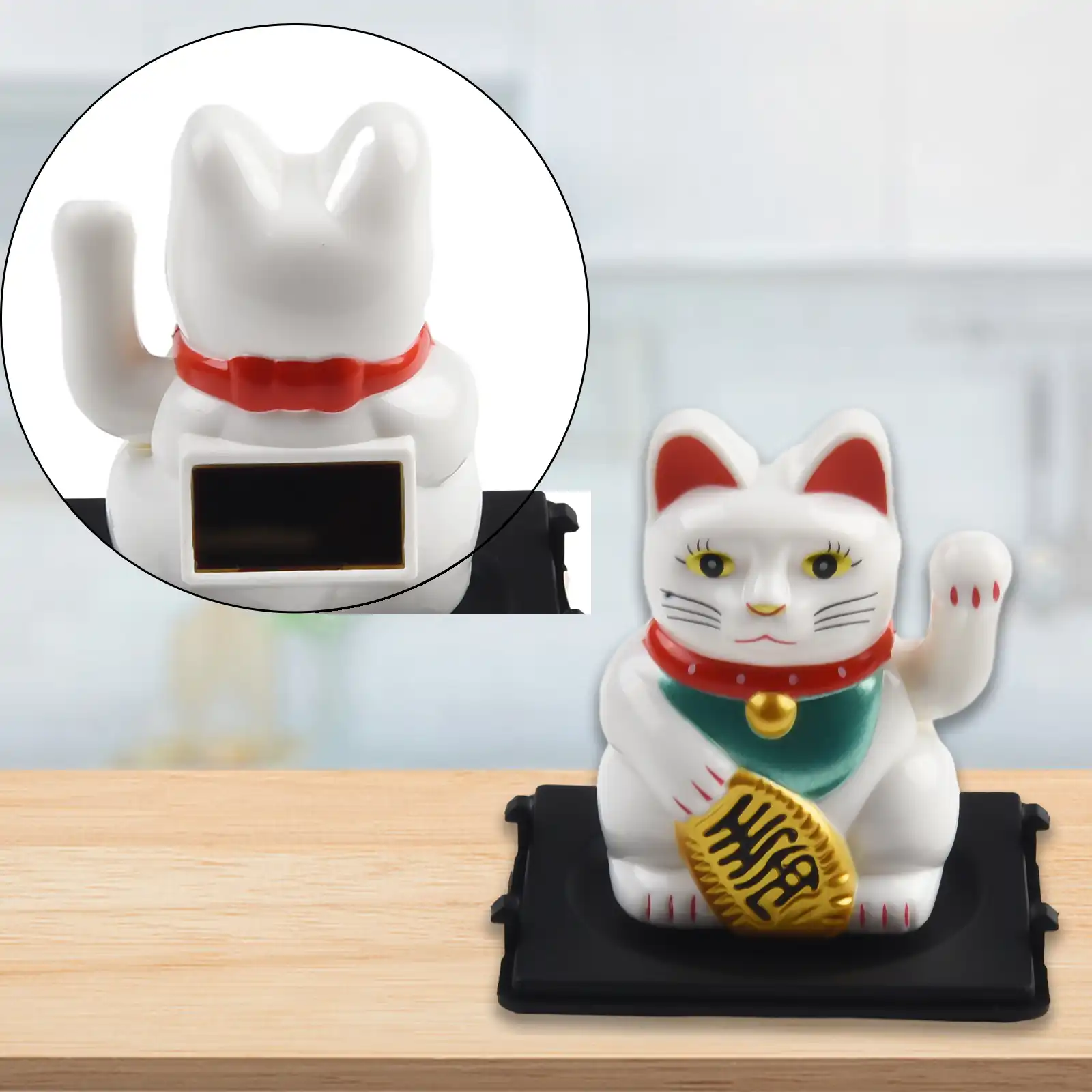 Solar lucky cat decoration creating positive energy flow in vehicle interior.