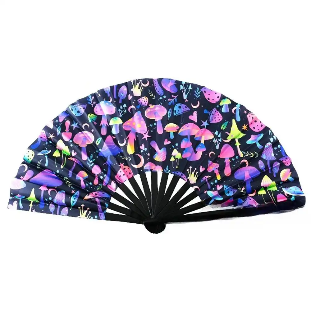 UV fluorescent fan being used as cooling accessory during hot weather demonstrating practical functionality beyond entertainment.