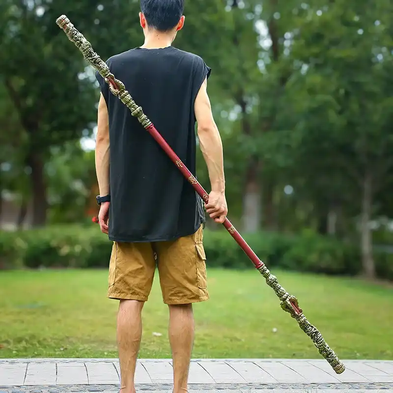 Close-up view of premium PU construction and detailed craftsmanship on Sun Wukong staff replica.