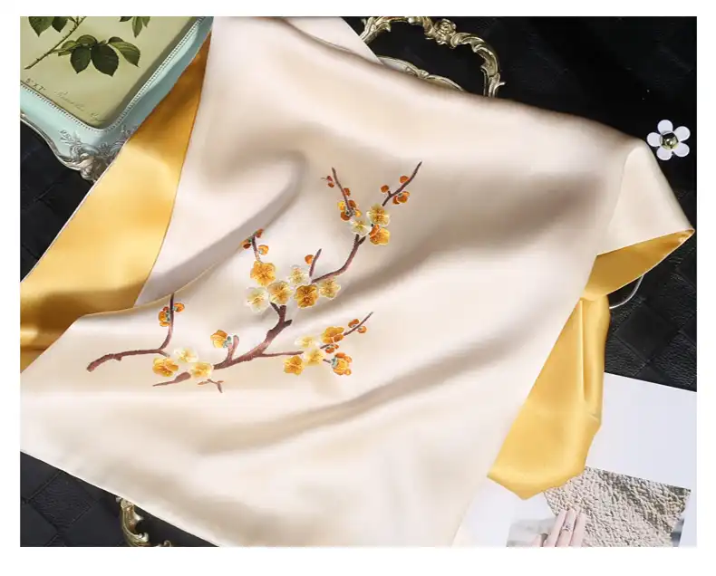 Premium mulberry silk scarf edge finishing demonstrating hand-rolled quality construction.