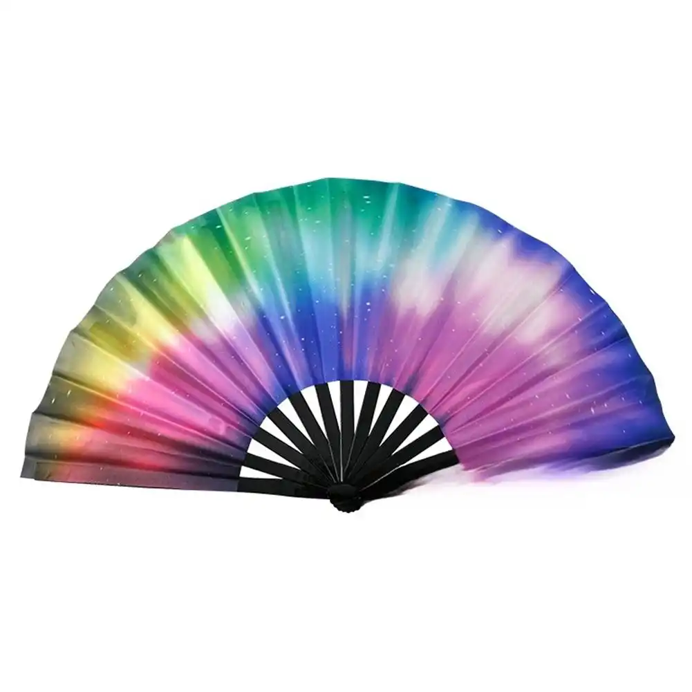Festival vendor booth displaying various UV fluorescent fan designs and patterns available for customer selection.