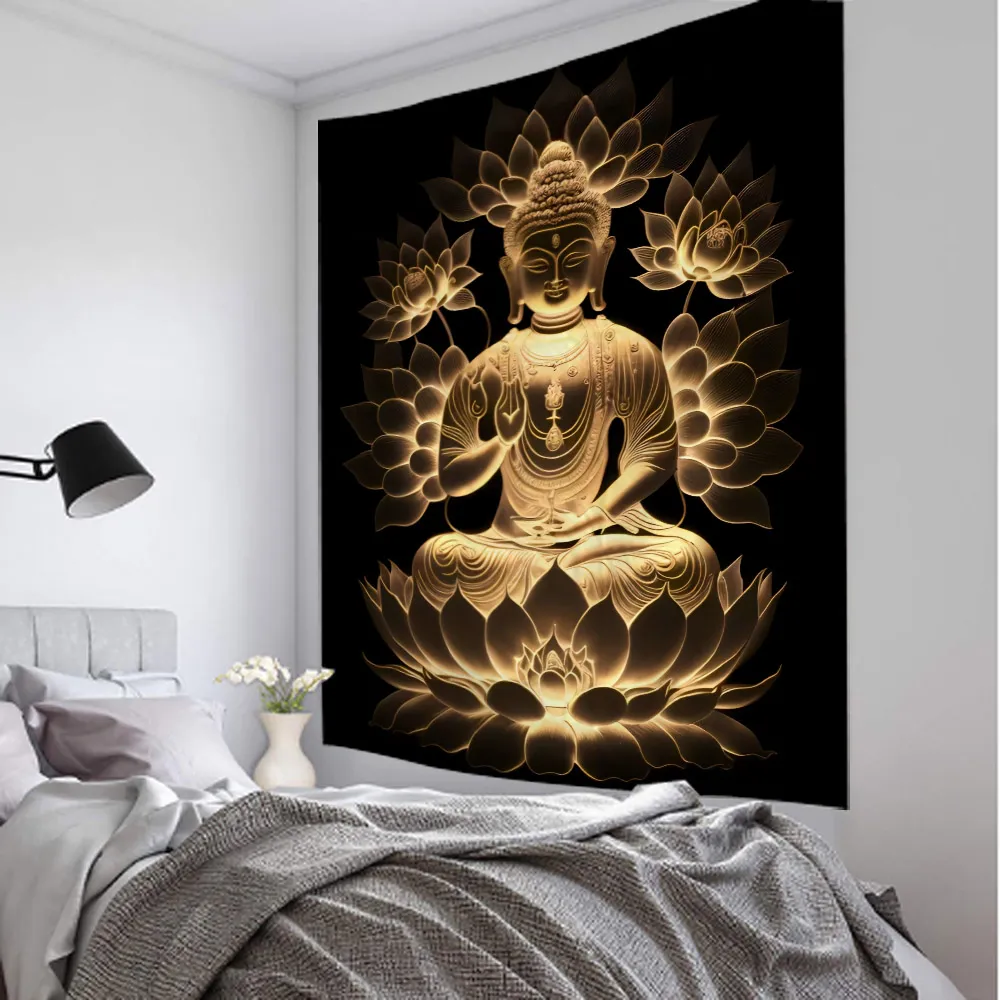 Premium polyester Buddha tapestry fabric texture soft microfiber hand sewn edges quality.
