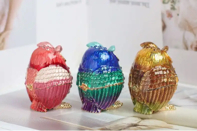 Multiple angle view of handmade owl trinket box displaying traditional Chinese handicraft.