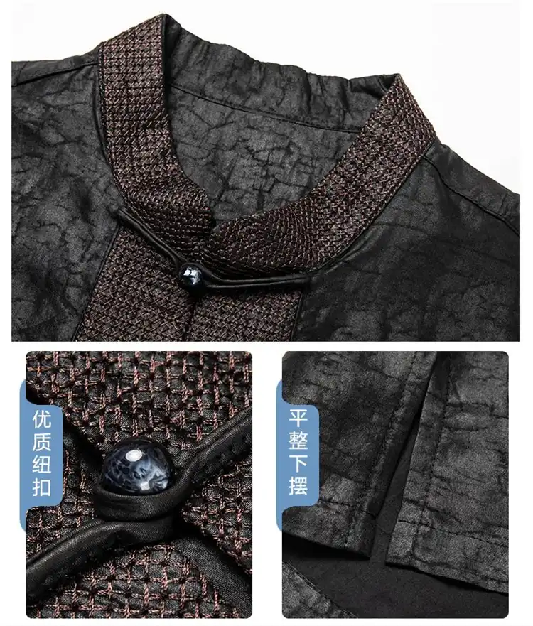 Professional setting with man wearing Gambiered silk Tang shirt for business casual.