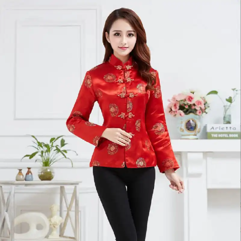 Tang suit jacket styled for wedding occasion with traditional Chinese accessories.