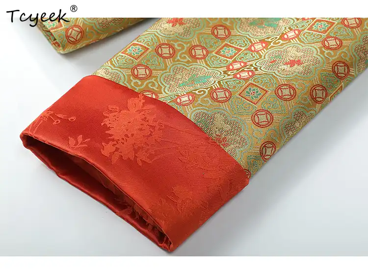 Back view displaying traditional Chinese patchwork design and silk texture quality.