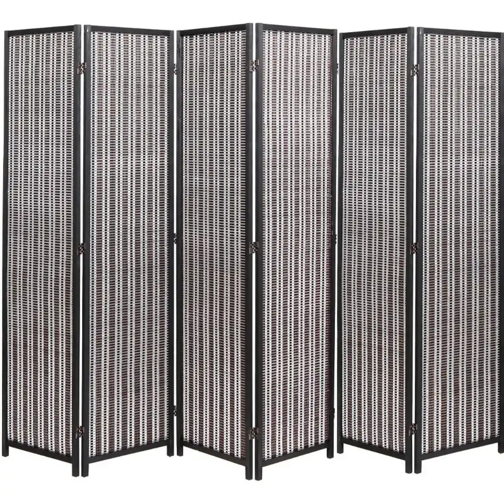 Portable folded position of bamboo weave screen divider for easy storage and transportation.