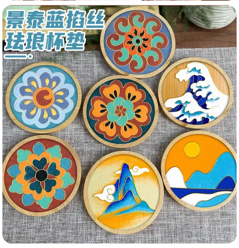 Before and after comparison of plain wood coasters transformed with silk enamel art.