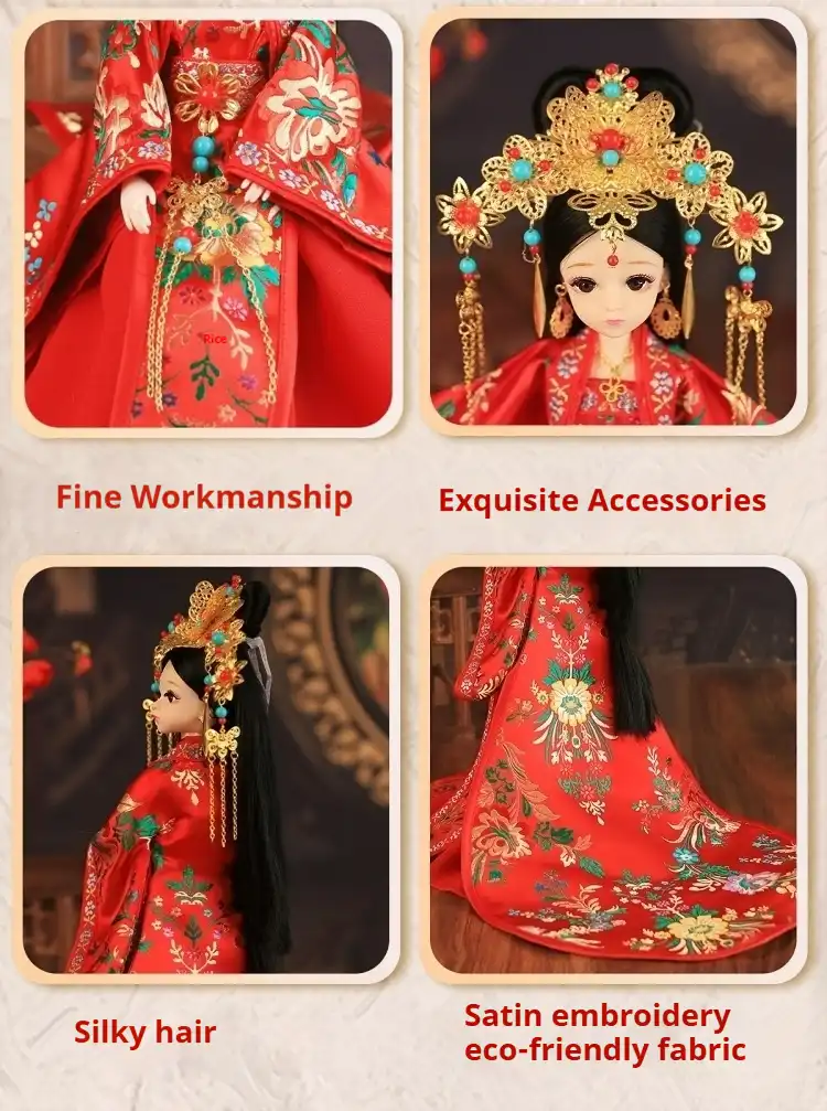 Detail shot of traditional Chinese hairstyle and hair accessories on princess doll.