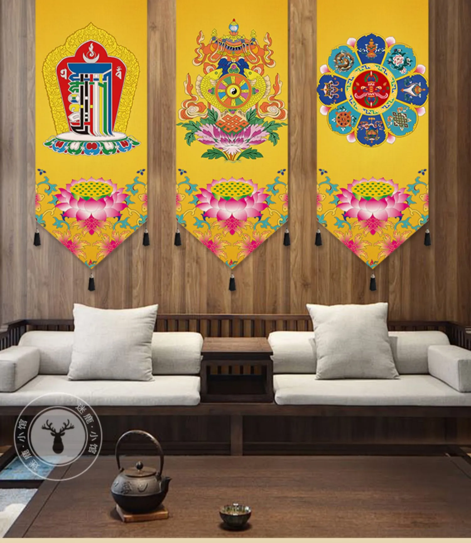 Sacred Eight Auspicious Symbols Thangka art bringing spiritual energy to home.