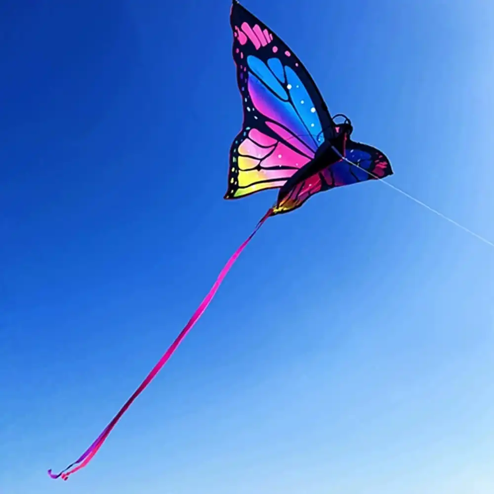 Large 1.45m colorful butterfly kite soaring gracefully in blue sky with vibrant wing patterns.