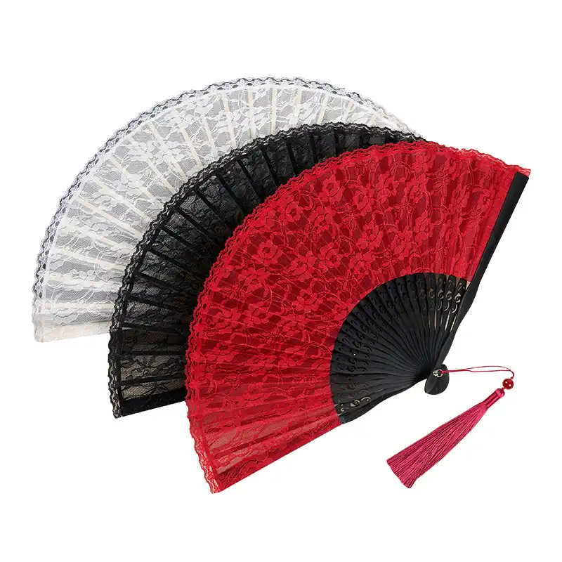 Lifestyle photography of elegant lady using bamboo lace fan for summer cooling comfort.