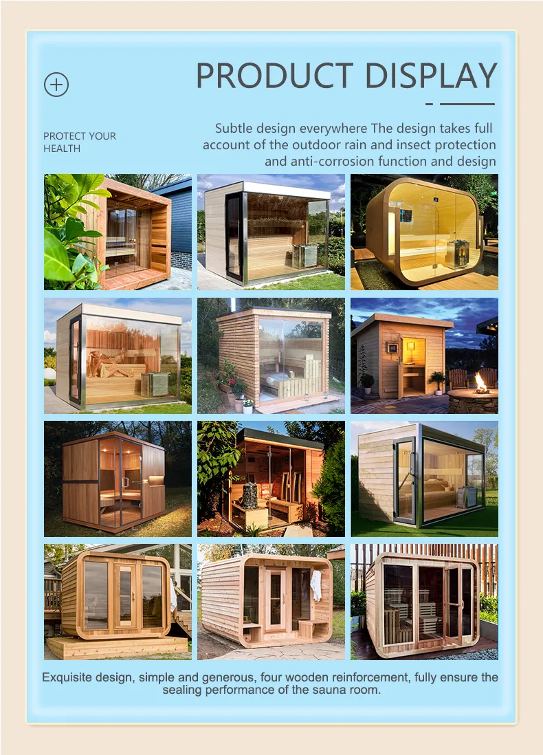 Comparison showing sauna size options and customization possibilities.