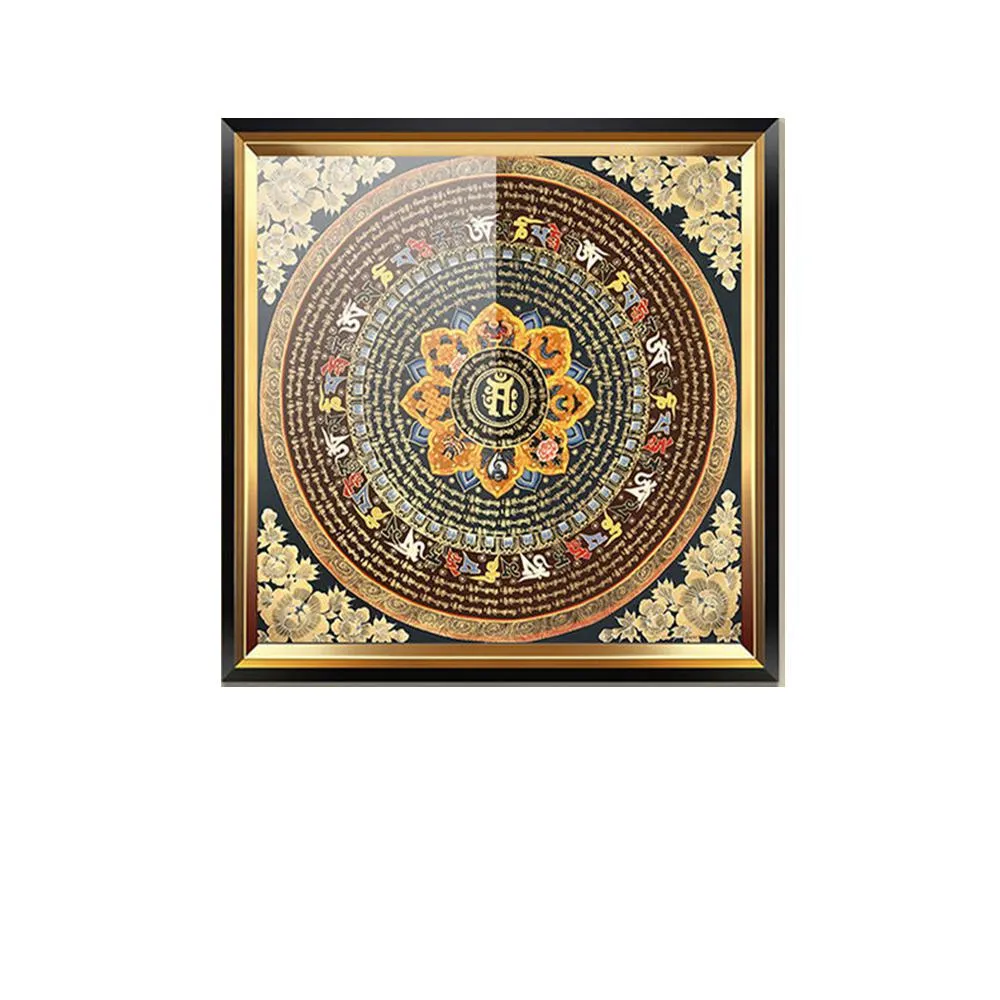 Square format Thangka art positioned above meditation cushions in zen home decor.