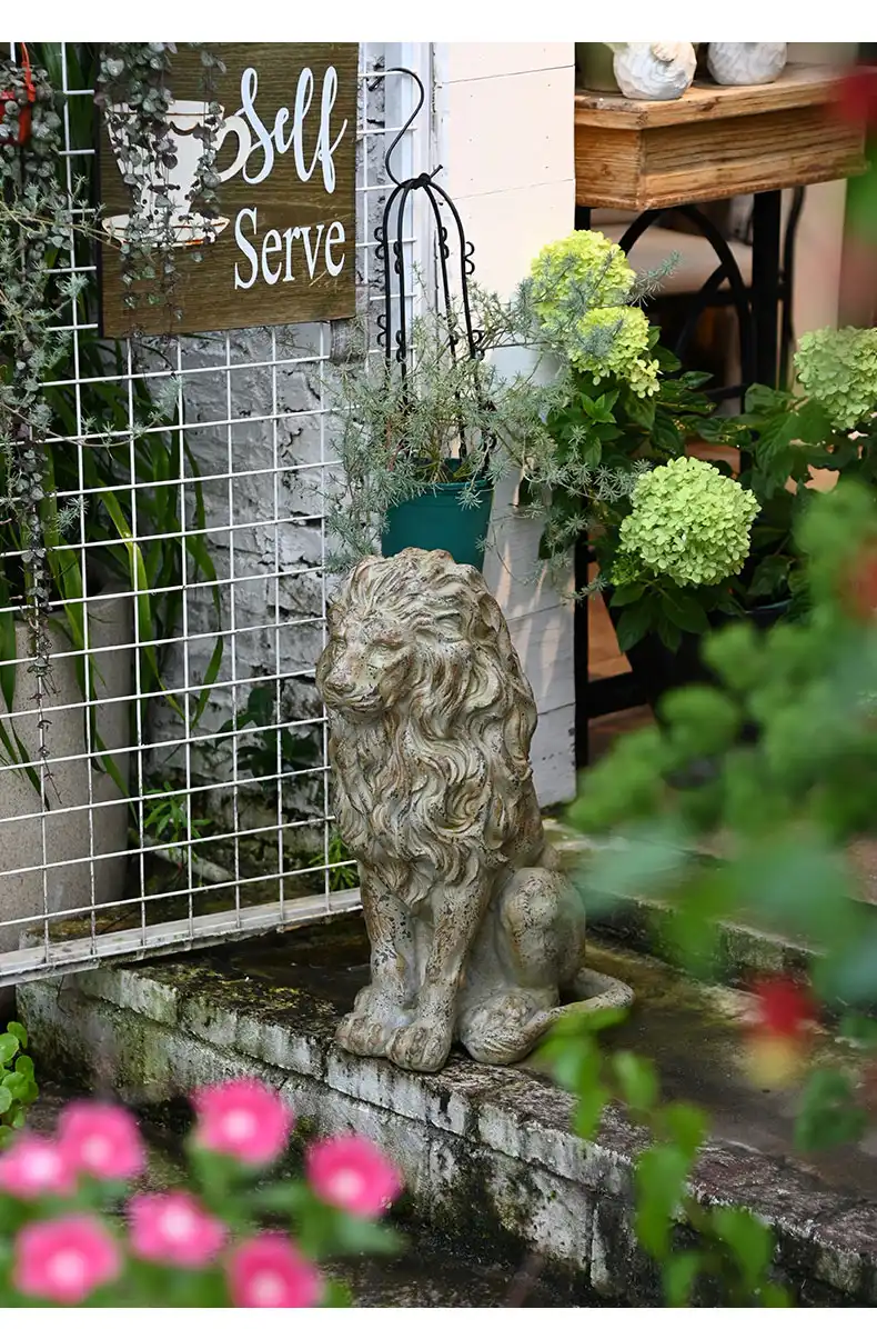 Resin lion ornament detail showing textured surface and craftsmanship quality for yard decor.