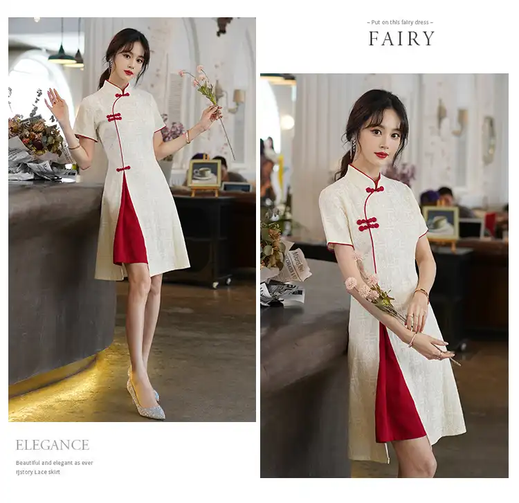 Model wearing traditional qipao showing stand collar design and short sleeve casual styling.