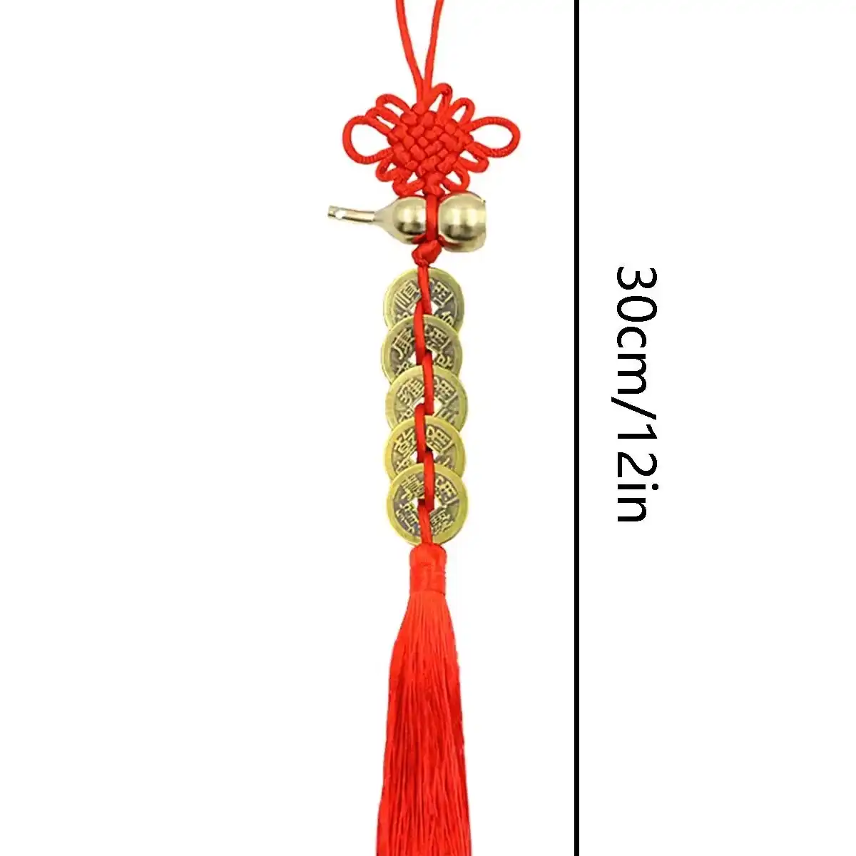 Copper gourd pendant with five emperor coins attached to car rearview mirror.