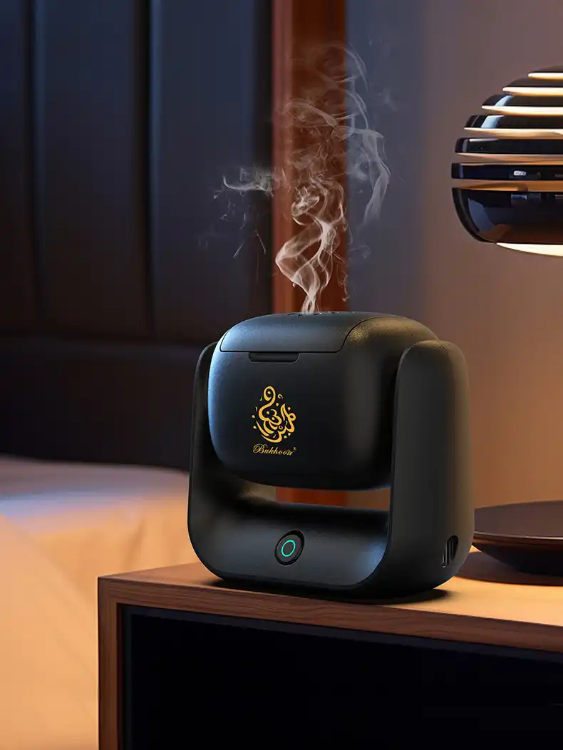 Electric incense burner creating relaxing atmosphere in contemporary living room home setting.
