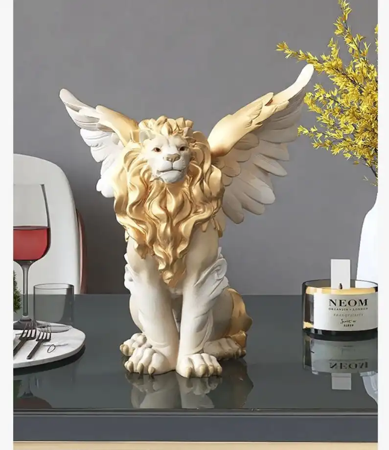 Lion statue on dining table centerpiece creating elegant meal setting focal point.