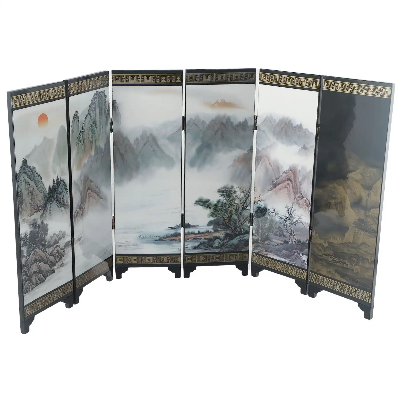Chinese mini screen positioned on side table as decorative accent piece in living room.