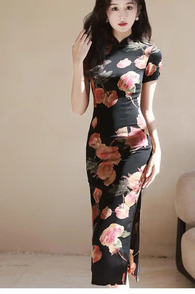 Short sleeve cheongsam featuring traditional collar and decorative button details in polyester twill.
